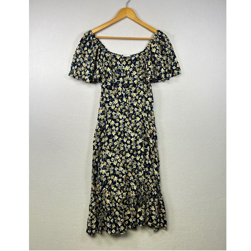 LUXOLOGY Floral Off Shoulder Smocked Midi Dress Navy Yellow Flutter Sleeve